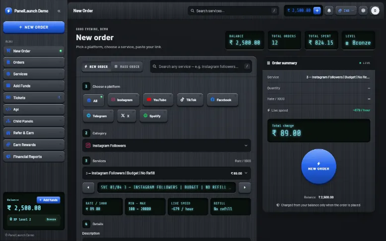 Gauge storefront theme for an SMM panel