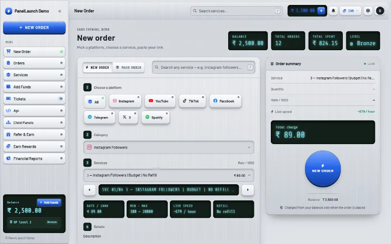 Gauge storefront theme for an SMM panel