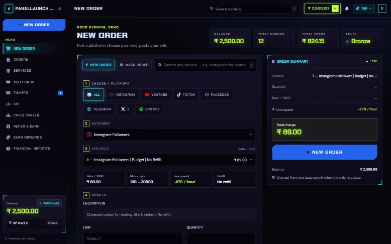 Neon storefront theme for an SMM panel