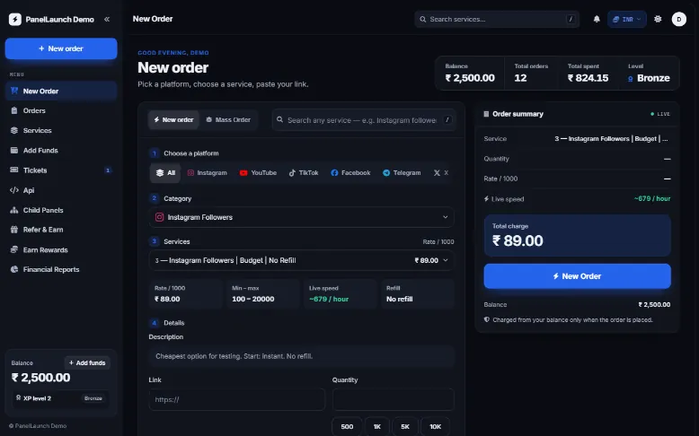 Pulse storefront theme for an SMM panel