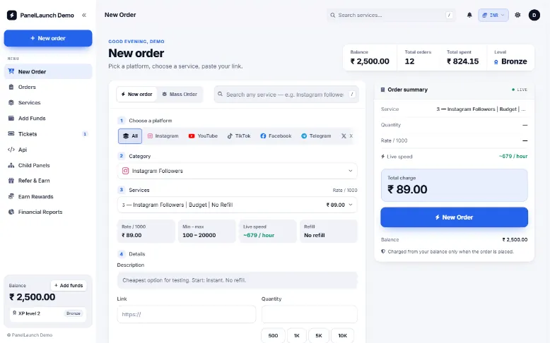 Pulse storefront theme for an SMM panel