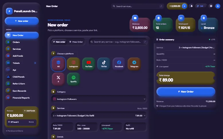 Putty storefront theme for an SMM panel