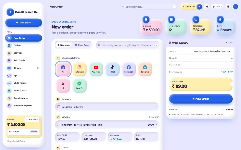 Putty storefront theme for an SMM panel