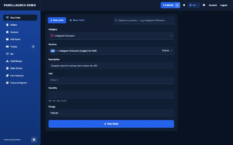 Skyline storefront theme for an SMM panel