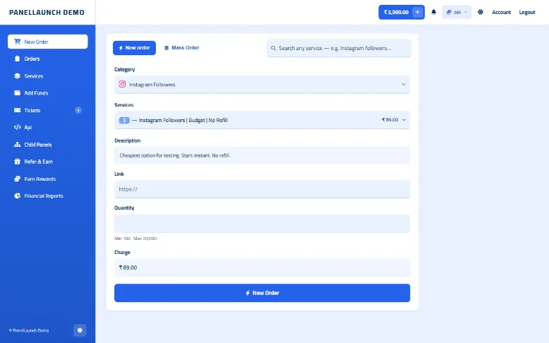Skyline storefront theme for an SMM panel