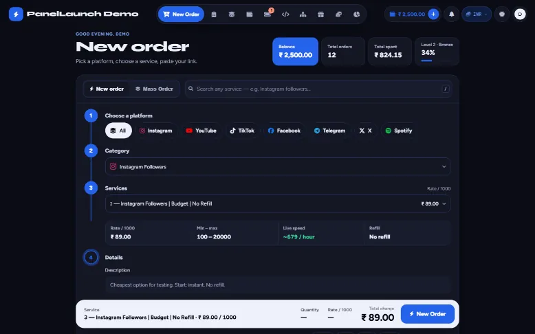 Tempo storefront theme for an SMM panel