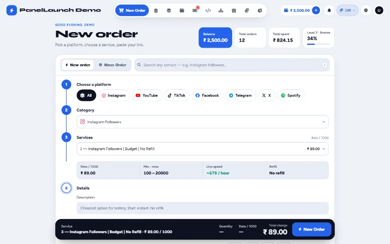 Tempo storefront theme for an SMM panel
