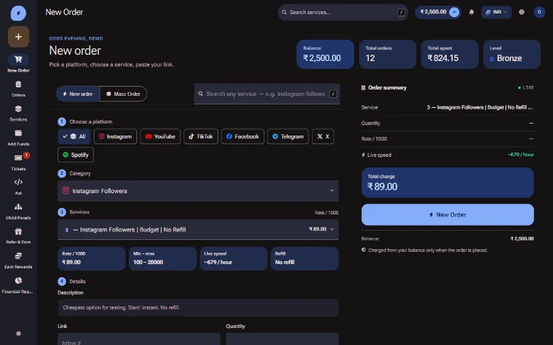 Tonal storefront theme for an SMM panel
